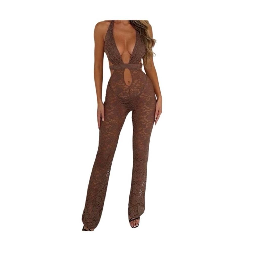 Outcast Clothing Chelsea Lace Halter Jumpsuit in color Mocha